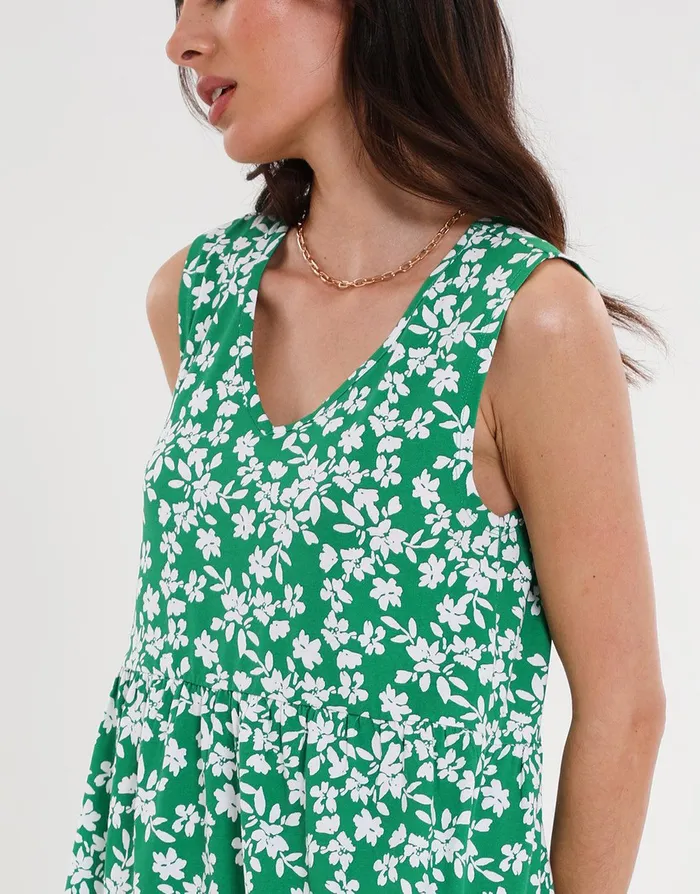 Women Green Floral Print Tiered Sleeveless Midi Dress With Pockets Green Threadbare Dresses Women Green Floral Print Tiered Sleeveless Midi Dress With Pockets Green Threadbare Dresses