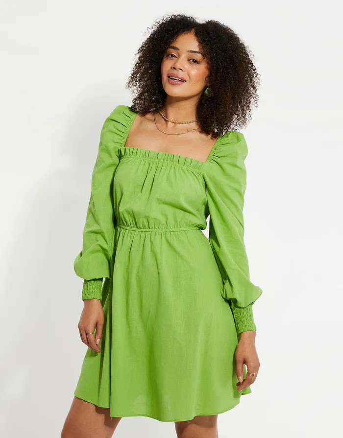 Women Green Linen Look Ruched Mini Dress Green Threadbare Dresses