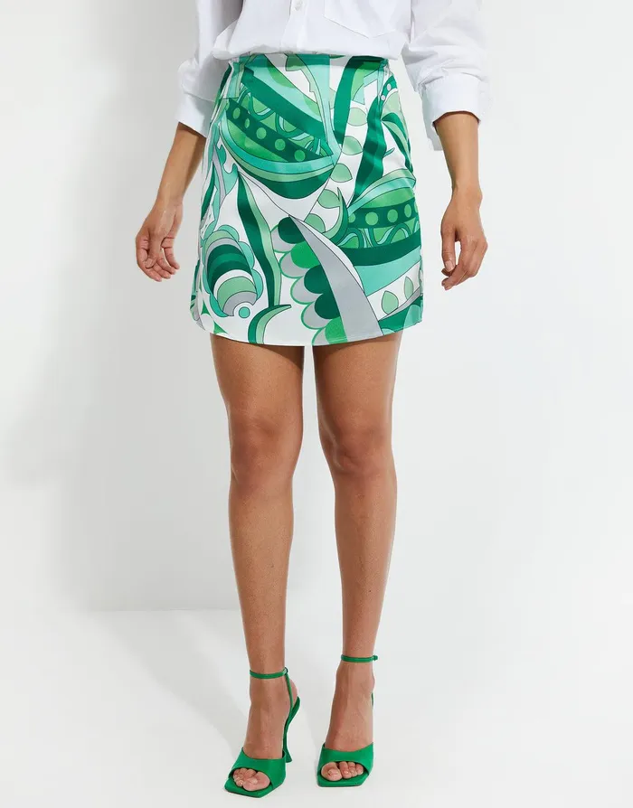 Women Green Satin Printed Mini Skirt Green Threadbare Skirts