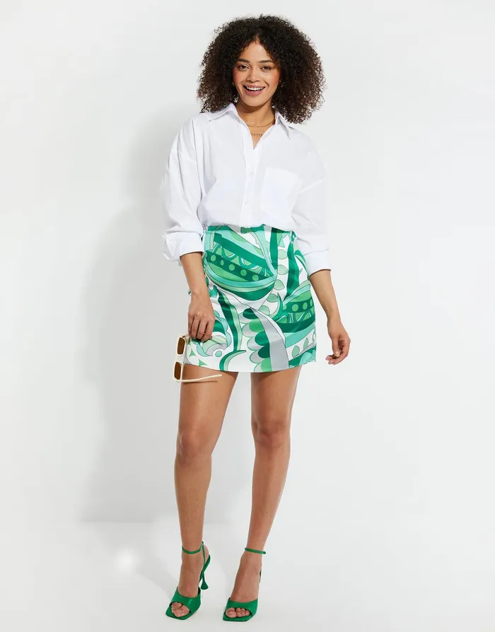 Women Green Satin Printed Mini Skirt Green Threadbare Skirts Women Green Satin Printed Mini Skirt Green Threadbare Skirts