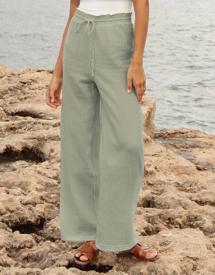 Women Green Wide Leg Crinkle Cotton Trousers Green Threadbare Trousers