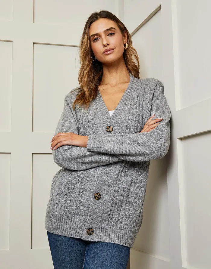 Women Grey Cable Knit Button Up Cardigan Grey Threadbare Cardigans