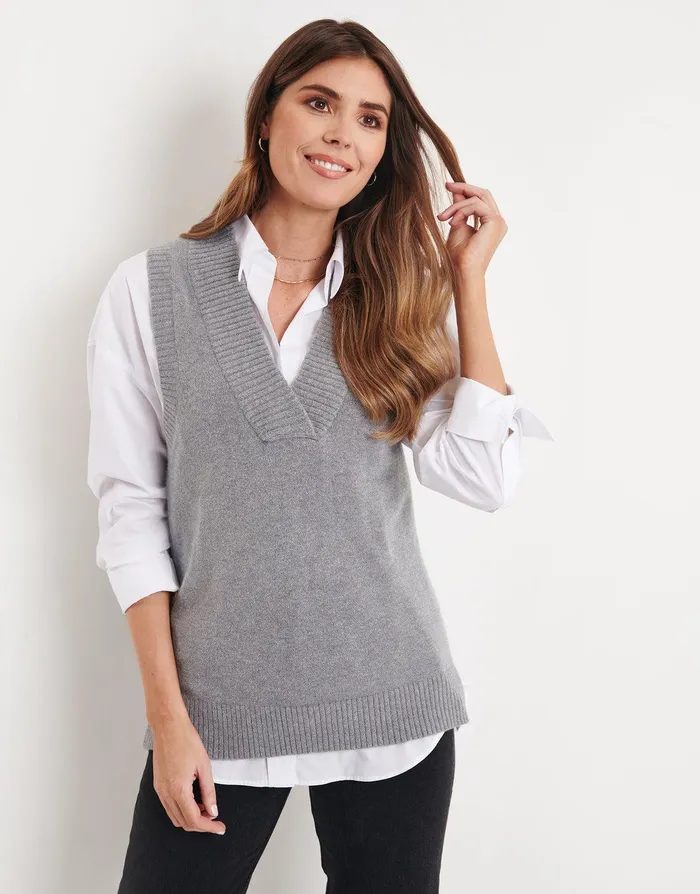 Women Grey Knitted Vest Grey Threadbare Tops
