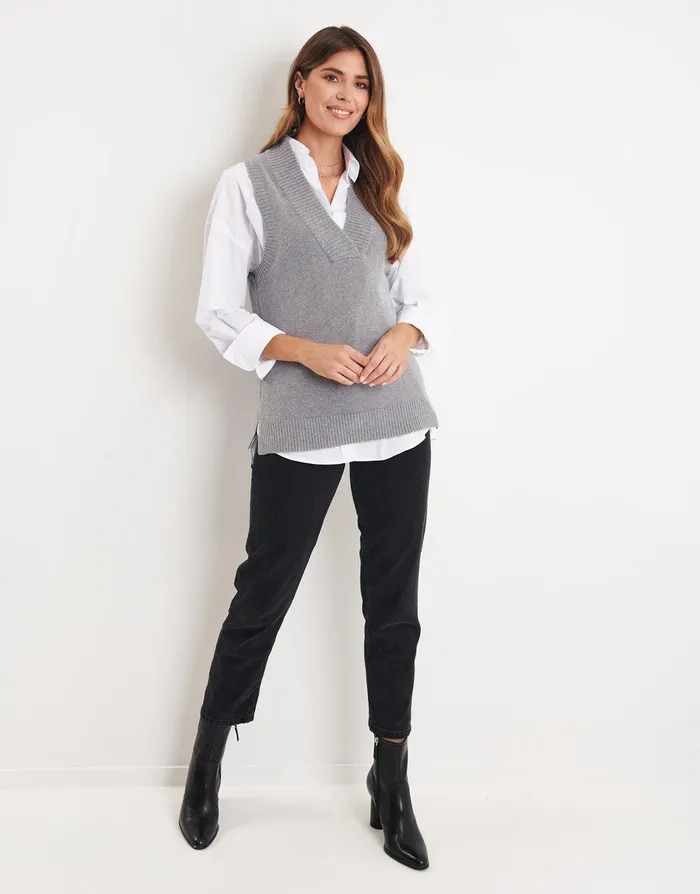 Women Grey Knitted Vest Grey Threadbare Tops