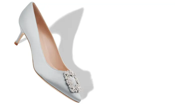 Women Hangisi Manolo Blahnik HANGISI 50 Pale Green Satin Jewel Buckle Pumps