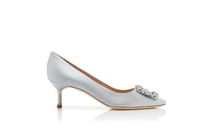 Women Hangisi Manolo Blahnik HANGISI 50 Pale Green Satin Jewel Buckle Pumps