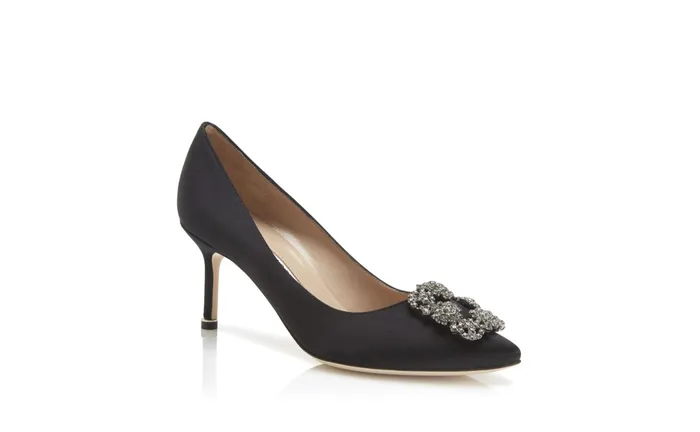 Women Hangisi Manolo Blahnik HANGISI 70 Black Satin Jewel Buckle Pumps