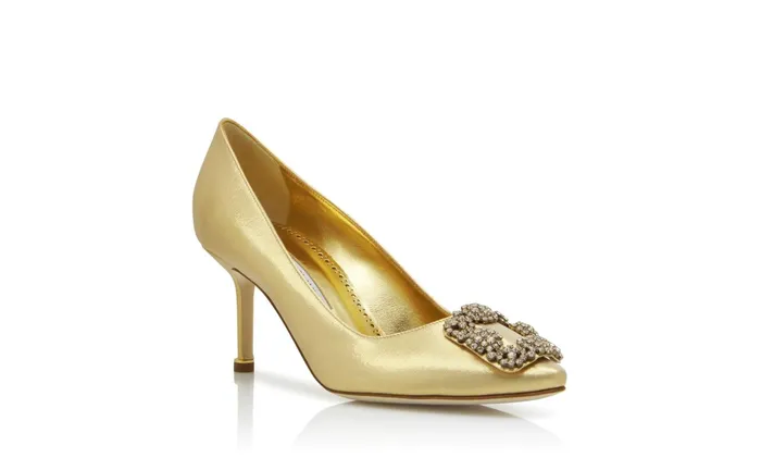 Women Hangisi Manolo Blahnik HANGISI 70 Gold Fabric Jewel Buckle Pumps