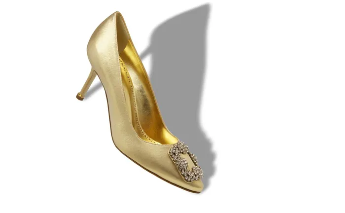 Women Hangisi Manolo Blahnik HANGISI 70 Gold Fabric Jewel Buckle Pumps Women Hangisi Manolo Blahnik HANGISI 70 Gold Fabric Jewel Buckle Pumps
