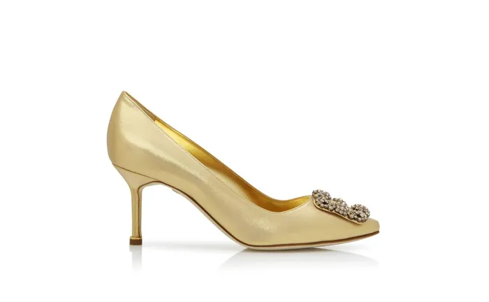 Women Hangisi Manolo Blahnik HANGISI 70 Gold Fabric Jewel Buckle Pumps Women Hangisi Manolo Blahnik HANGISI 70 Gold Fabric Jewel Buckle Pumps