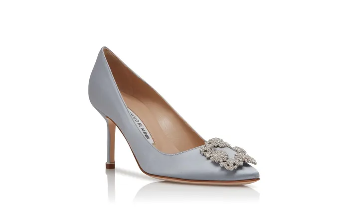 Women Hangisi Manolo Blahnik HANGISI 70 Light Blue Satin Jewel Buckle Pumps