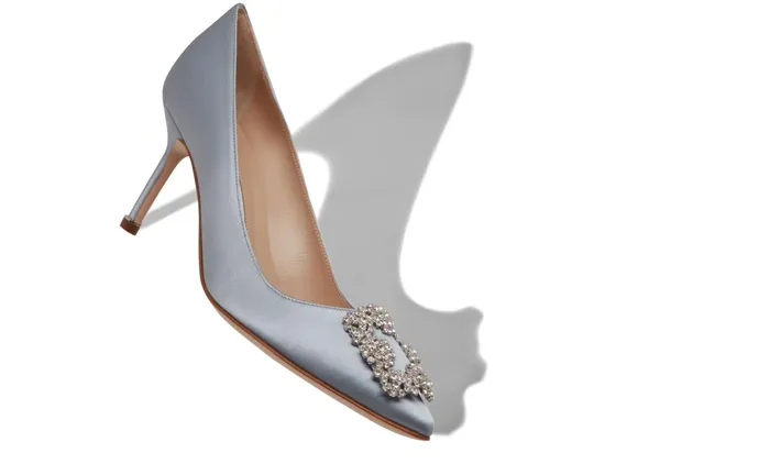 Women Hangisi Manolo Blahnik HANGISI 70 Light Blue Satin Jewel Buckle Pumps