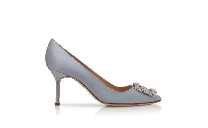 Women Hangisi Manolo Blahnik HANGISI 70 Light Blue Satin Jewel Buckle Pumps