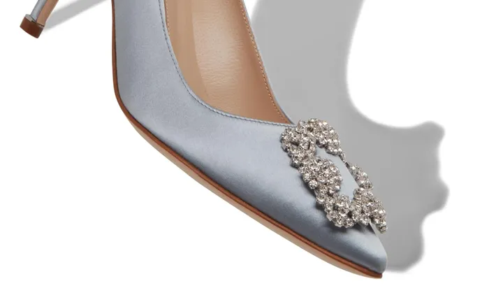 Women Hangisi Manolo Blahnik HANGISI 70 Light Blue Satin Jewel Buckle Pumps