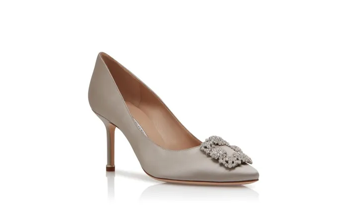 Women Hangisi Manolo Blahnik HANGISI 70 Light Grey Satin Jewel Buckle Pumps