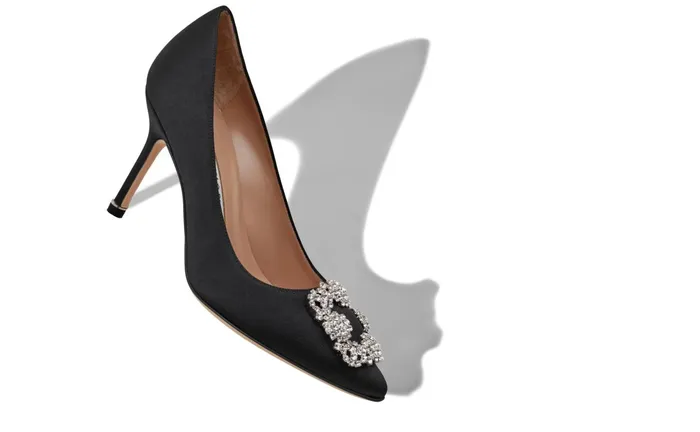 Women Hangisi Manolo Blahnik HANGISI 90 Black Satin Jewel Buckle Pumps Women Hangisi Manolo Blahnik HANGISI 90 Black Satin Jewel Buckle Pumps