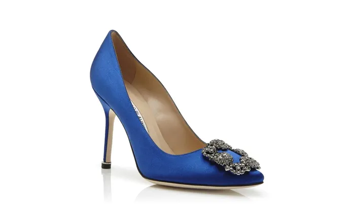 Women Hangisi Manolo Blahnik HANGISI Blue Satin Jewel Buckle Pumps