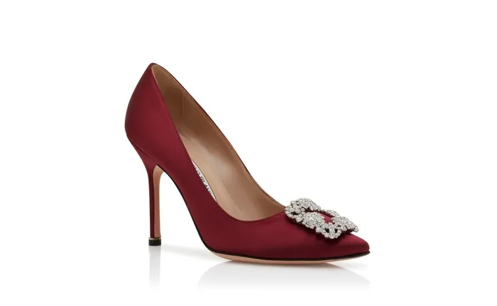 Women Hangisi Manolo Blahnik HANGISI Dark Red Satin Jewel Buckle Pumps