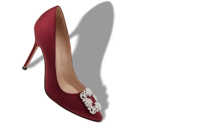Women Hangisi Manolo Blahnik HANGISI Dark Red Satin Jewel Buckle Pumps Women Hangisi Manolo Blahnik HANGISI Dark Red Satin Jewel Buckle Pumps