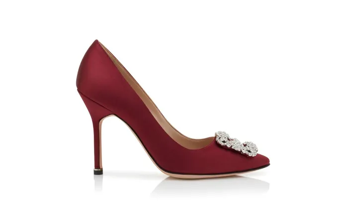 Women Hangisi Manolo Blahnik HANGISI Dark Red Satin Jewel Buckle Pumps Women Hangisi Manolo Blahnik HANGISI Dark Red Satin Jewel Buckle Pumps