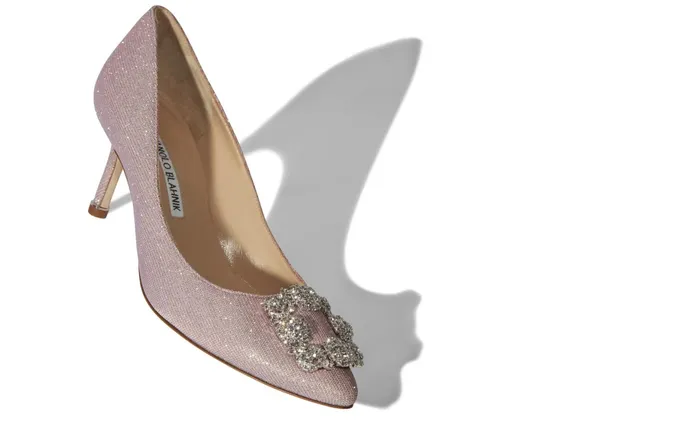 Women Hangisi Manolo Blahnik HANGISI GLITTER 70 Light Pink Glitter Fabric Jewel Buckle Pumps Women Hangisi Manolo Blahnik HANGISI GLITTER 70 Light Pink Glitter Fabric Jewel Buckle Pumps