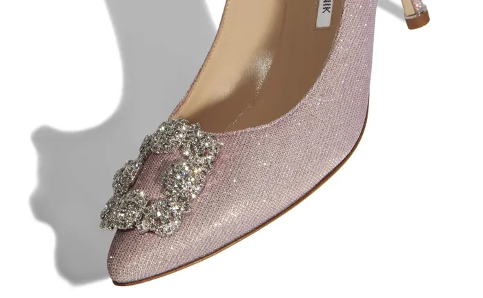 Women Hangisi Manolo Blahnik HANGISI GLITTER 70 Light Pink Glitter Fabric Jewel Buckle Pumps Women Hangisi Manolo Blahnik HANGISI GLITTER 70 Light Pink Glitter Fabric Jewel Buckle Pumps