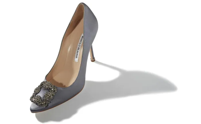 Women Hangisi Manolo Blahnik HANGISI Grey Satin Jewel Buckle Pumps