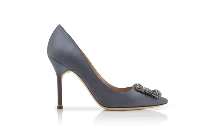 Women Hangisi Manolo Blahnik HANGISI Grey Satin Jewel Buckle Pumps