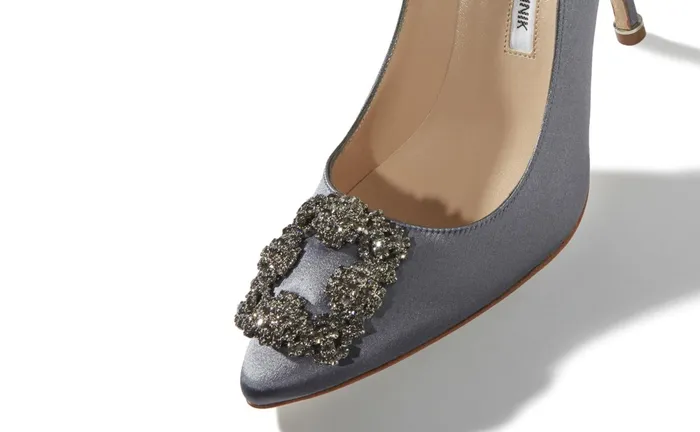 Women Hangisi Manolo Blahnik HANGISI Grey Satin Jewel Buckle Pumps