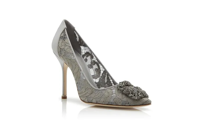 Women Hangisi Manolo Blahnik HANGISI LACE Grey Lace Jewel Buckle Pumps