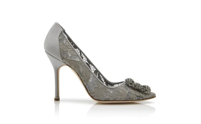 Women Hangisi Manolo Blahnik HANGISI LACE Grey Lace Jewel Buckle Pumps