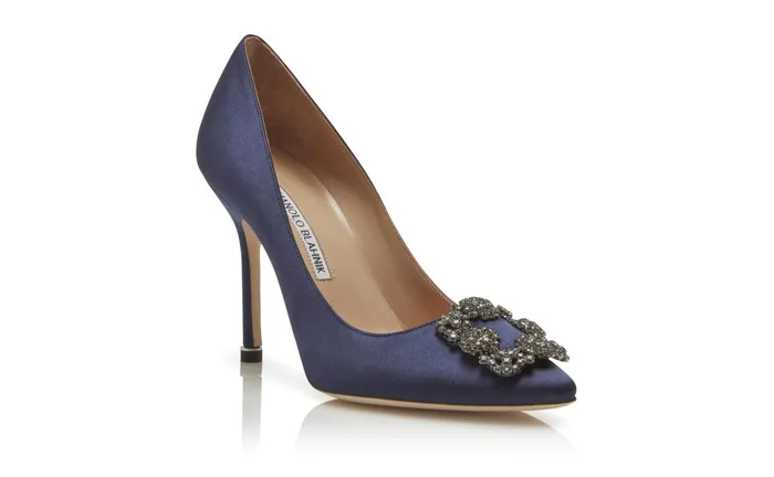 Women Hangisi Manolo Blahnik HANGISI Navy Blue Satin Jewel Buckle Pumps