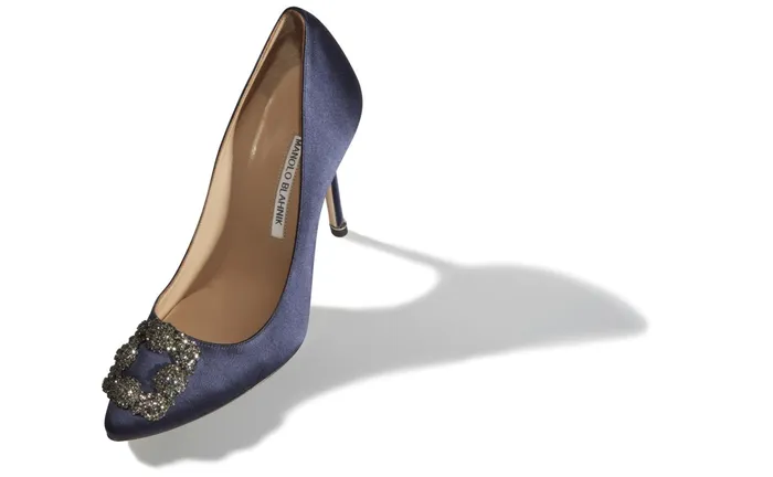Women Hangisi Manolo Blahnik HANGISI Navy Blue Satin Jewel Buckle Pumps Women Hangisi Manolo Blahnik HANGISI Navy Blue Satin Jewel Buckle Pumps