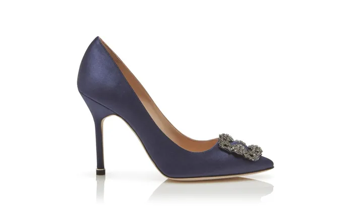 Women Hangisi Manolo Blahnik HANGISI Navy Blue Satin Jewel Buckle Pumps Women Hangisi Manolo Blahnik HANGISI Navy Blue Satin Jewel Buckle Pumps
