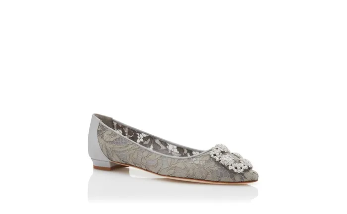 Women Hangisi Manolo Blahnik HANGISIFLAT Grey Lace Jewel Buckle Flat Shoes