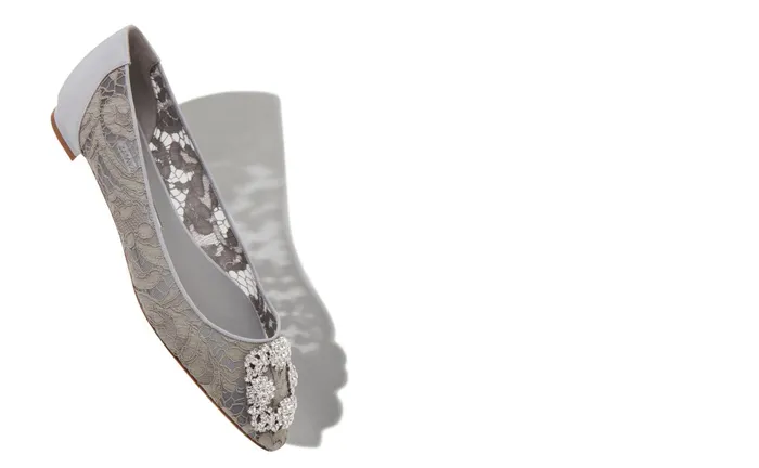 Women Hangisi Manolo Blahnik HANGISIFLAT Grey Lace Jewel Buckle Flat Shoes Women Hangisi Manolo Blahnik HANGISIFLAT Grey Lace Jewel Buckle Flat Shoes