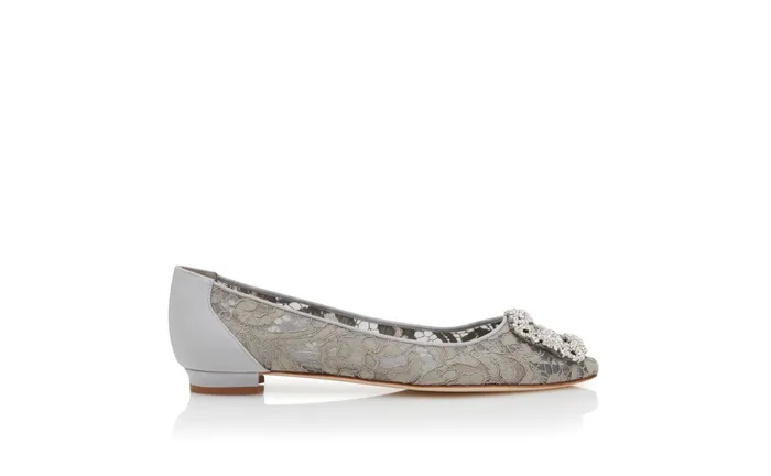 Women Hangisi Manolo Blahnik HANGISIFLAT Grey Lace Jewel Buckle Flat Shoes Women Hangisi Manolo Blahnik HANGISIFLAT Grey Lace Jewel Buckle Flat Shoes
