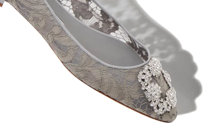 Women Hangisi Manolo Blahnik HANGISIFLAT Grey Lace Jewel Buckle Flat Shoes Women Hangisi Manolo Blahnik HANGISIFLAT Grey Lace Jewel Buckle Flat Shoes