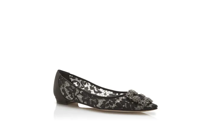 Women Hangisi Manolo Blahnik HANGISIFLAT LACE Black Lace Jewel Buckle Flat Shoes Women Hangisi Manolo Blahnik HANGISIFLAT LACE Black Lace Jewel Buckle Flat Shoes