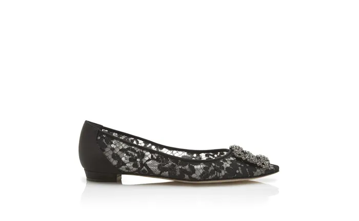 Women Hangisi Manolo Blahnik HANGISIFLAT LACE Black Lace Jewel Buckle Flat Shoes