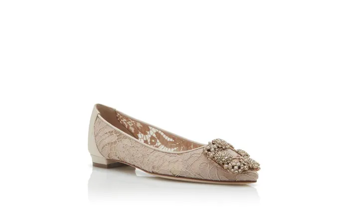 Women Hangisi Manolo Blahnik HANGISIFLAT LACE Pink Champagne Lace Jewel Buckle Flat Shoes Women Hangisi Manolo Blahnik HANGISIFLAT LACE Pink Champagne Lace Jewel Buckle Flat Shoes