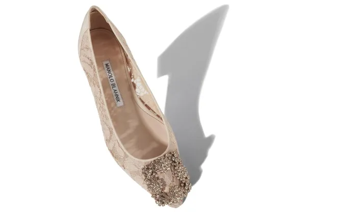 Women Hangisi Manolo Blahnik HANGISIFLAT LACE Pink Champagne Lace Jewel Buckle Flat Shoes