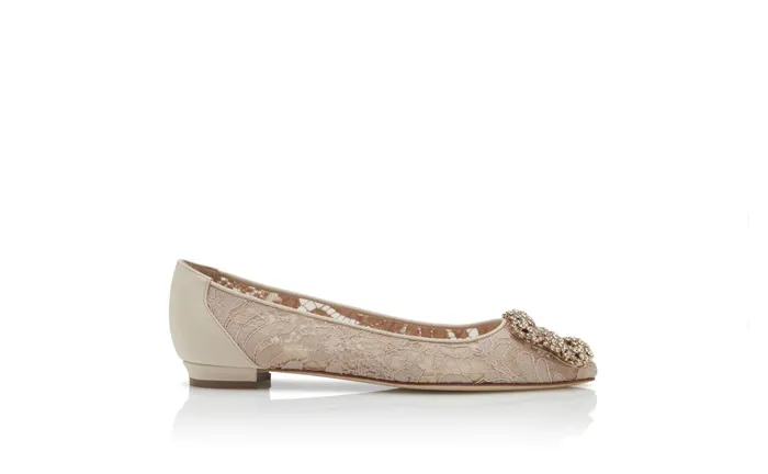 Women Hangisi Manolo Blahnik HANGISIFLAT LACE Pink Champagne Lace Jewel Buckle Flat Shoes