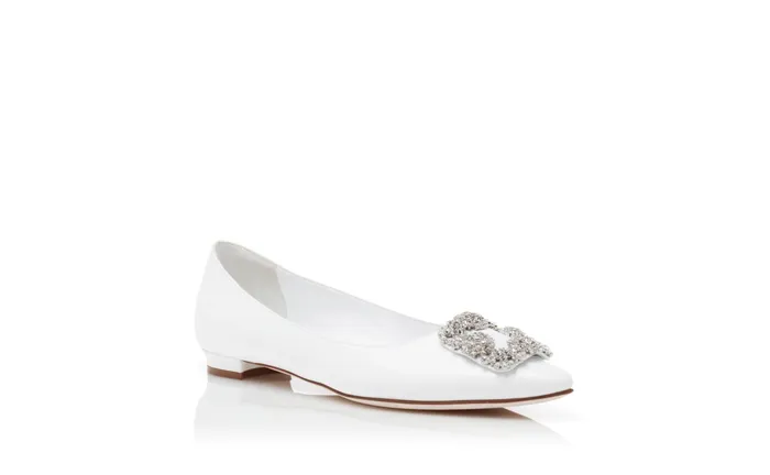 Women Hangisi Manolo Blahnik HANGISIFLAT White Calf Leather Jewel Buckle Flat Shoes Women Hangisi Manolo Blahnik HANGISIFLAT White Calf Leather Jewel Buckle Flat Shoes