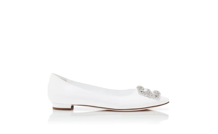 Women Hangisi Manolo Blahnik HANGISIFLAT White Calf Leather Jewel Buckle Flat Shoes Women Hangisi Manolo Blahnik HANGISIFLAT White Calf Leather Jewel Buckle Flat Shoes