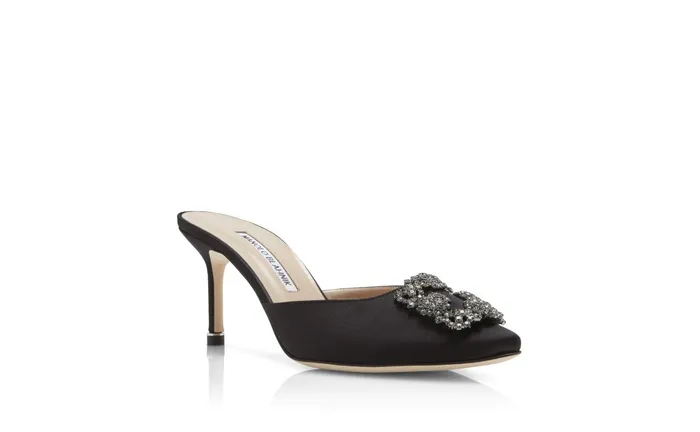 Women Hangisi Manolo Blahnik HANGISIMU Black Satin Jewel Buckle Mules
