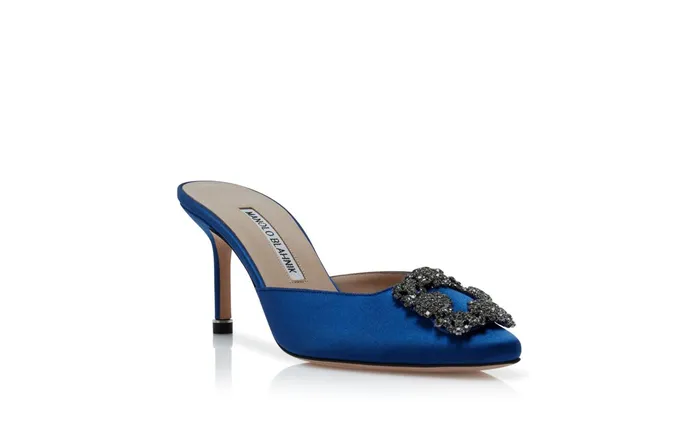 Women Hangisi Manolo Blahnik HANGISIMU Blue Satin Jewel Buckle Mules