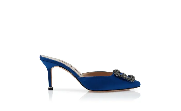Women Hangisi Manolo Blahnik HANGISIMU Blue Satin Jewel Buckle Mules Women Hangisi Manolo Blahnik HANGISIMU Blue Satin Jewel Buckle Mules