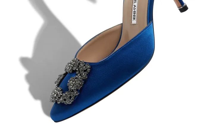 Women Hangisi Manolo Blahnik HANGISIMU Blue Satin Jewel Buckle Mules Women Hangisi Manolo Blahnik HANGISIMU Blue Satin Jewel Buckle Mules