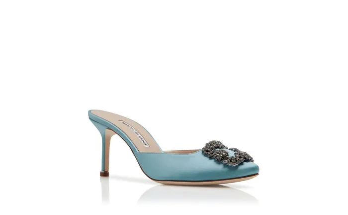 Women Hangisi Manolo Blahnik HANGISIMU Light Blue Satin Jewel Buckle Mules